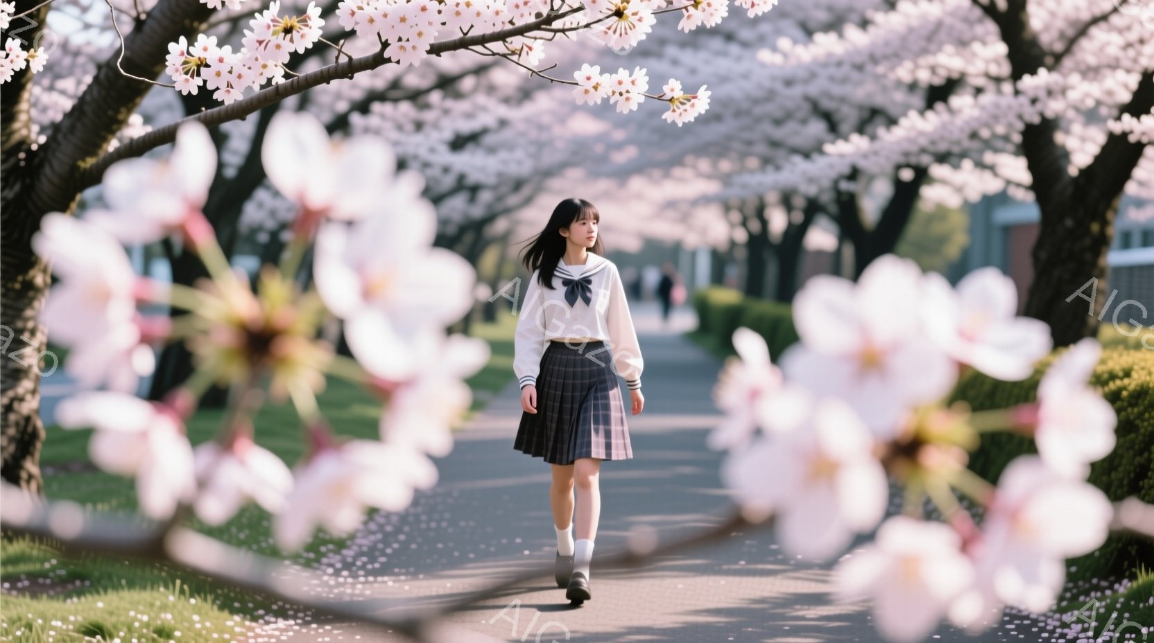 制服を着た若い女性が、桜並木の道を歩いている。彼女は白いブラウスにプリーツスカート、ソックスと黒い靴を履き、長い黒髪を後ろでまとめており、少し微笑んでいるように見える。背景には桜の花びらが舞い散り、春 - AI生成フリー素材