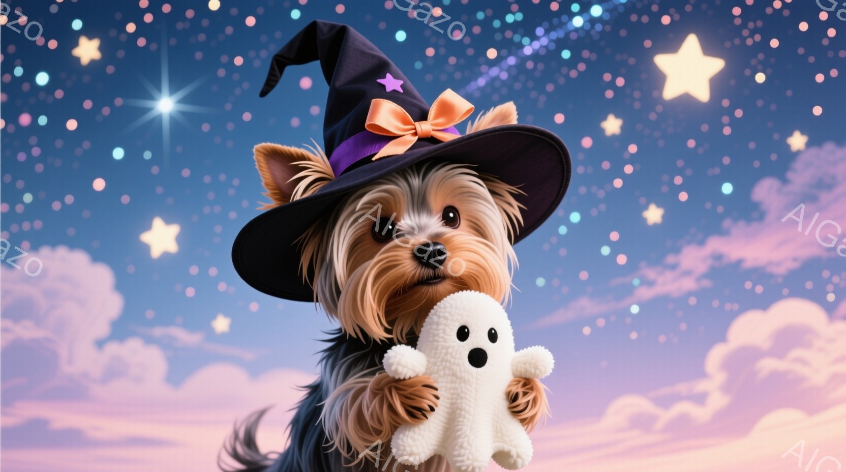 長い毛並みのヨークシャーテリアが、ハロウィーンの帽子をかぶり、お化けのぬいぐるみを抱えています。犬は正面を見つめ、少し微笑んでいるようで、その表情は愛らしくて優しい印象を与えます。背景は紫とピンクが混 - AI生成フリー素材