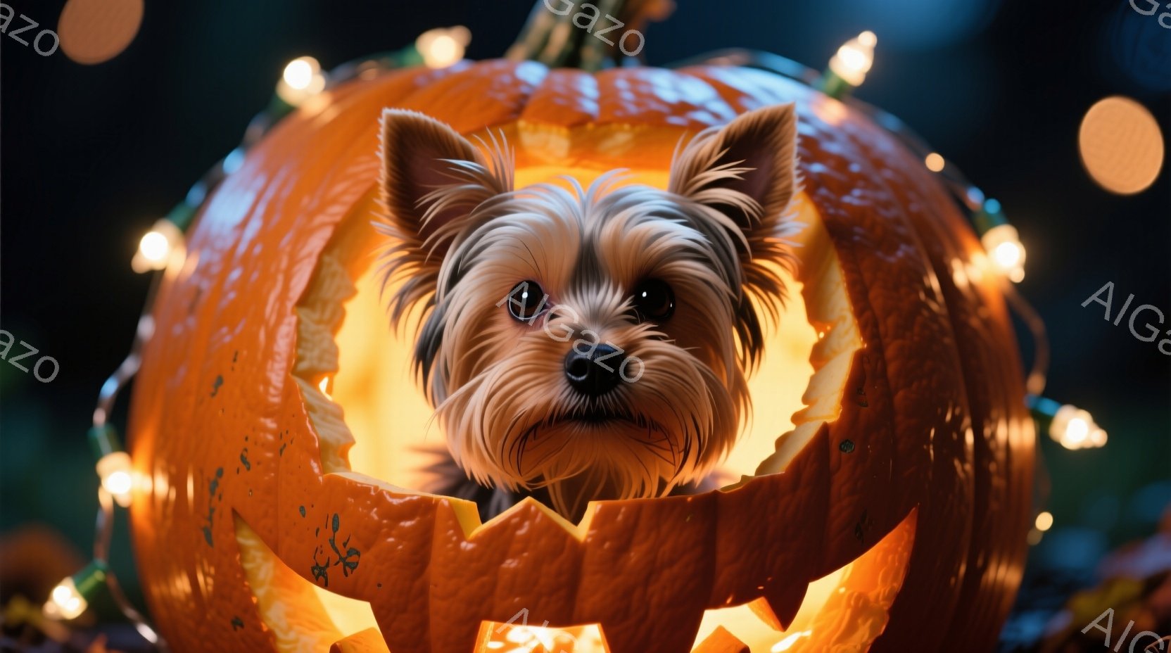 小さなヨークシャーテリアが、くり抜かれたオレンジ色のカボチャの中から顔を出しています。その表情は穏やかで、少し微笑んでいるように見えます。背景には、ぼんやりとした緑色の植物と、暖かく輝くオレンジ色のラ - AI生成フリー素材
