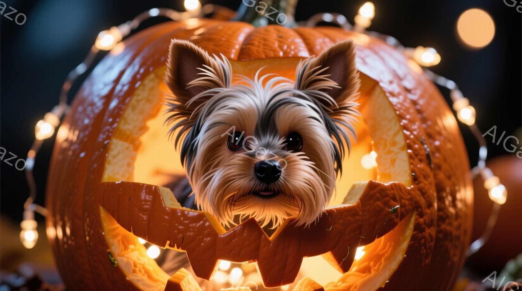 小さなヨークシャーテリアが、ジャック・オー・ランタンのようにくり抜かれたオレンジ色のカボチャの中に顔を出しています。犬は少し口を開け、好奇心と遊び心のある表情を浮かべています。背景にはぼやけた光のイル - AI生成フリー素材