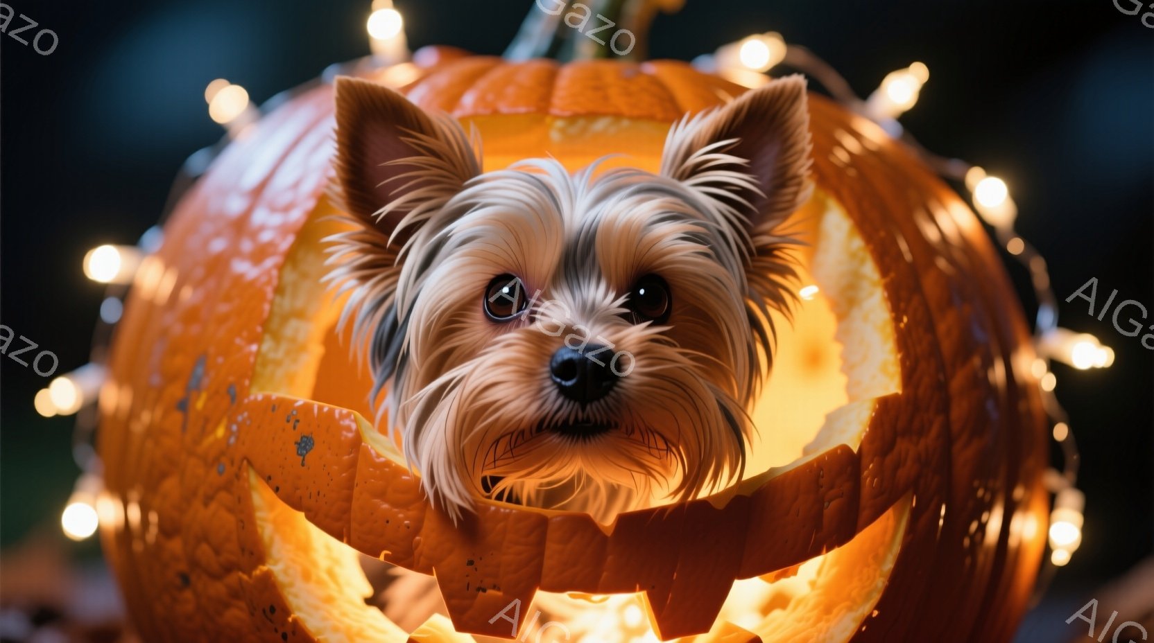 小型犬（Yorkshire Terrier）が真っ白なハンドカーブを使って、頭を出して盗聴しているように見える様子です。犬は目元から見える部分だけで、全体像は隠されています。ハンドカーブの背景はパスリードライツ（点灯カーブ）が装飾したホロウィンドウになっており、季節的にはハロウィンの様子を表しています。全体として、ユーモラスで楽しく、特別な雰囲気があります。