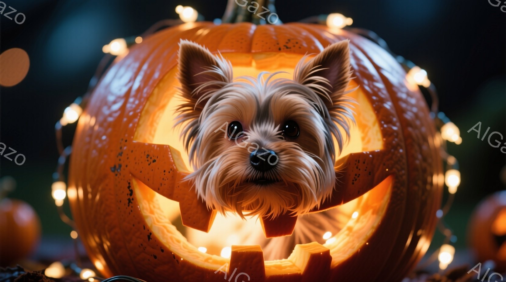 小さなヨークシャーテリアが、くり抜かれたジャック・オ・ランタンの中から顔を出している写真です。犬は少し驚いたような表情で、明るいオレンジ色の光に照らされています。背景にはぼやけた他のカボチャと、小さな - AI生成フリー素材