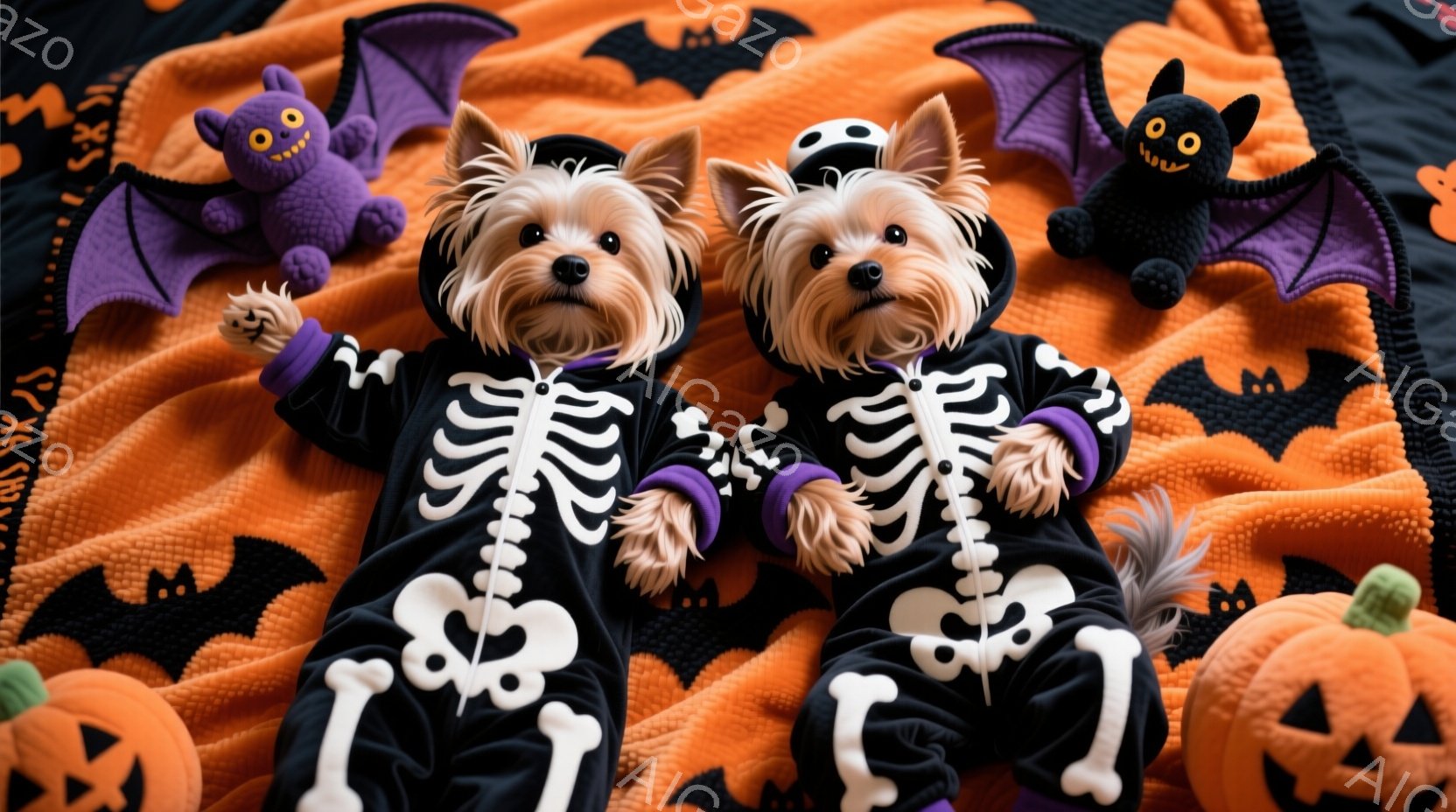 オレンジ色の背景に、骨柄の衣装を着たヨークシャーテリアのペアが横たわっています。彼らは同じ衣装を着ており、紫色のリボンで飾られています。背景には、ハロウィーンをテーマにしたカボチャやお化けのぬいぐるみがあり、全体的に陽気でかわいらしい雰囲気です。