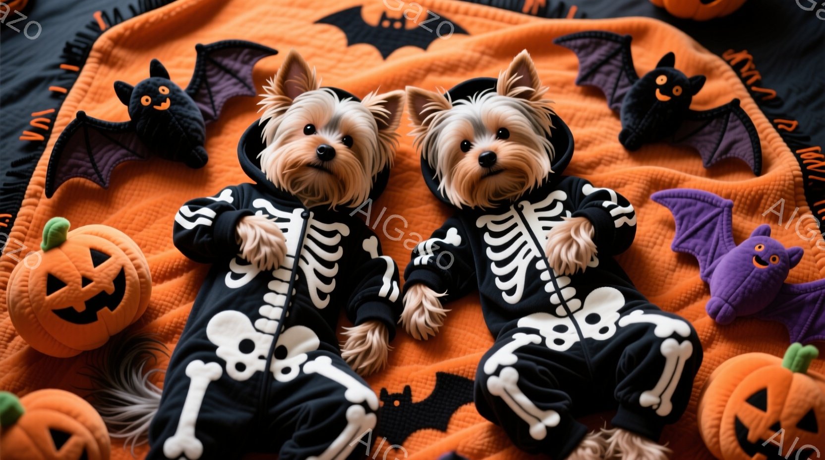 オレンジ色の背景に、骸骨の模様がプリントされた黒いコスチュームを着た2匹のヨークシャーテリアが並んで横たわっています。犬たちはリラックスした表情で、ハロウィーンの装飾であるカボチャやお化けのぬいぐるみと共に配置されています。全体的に、可愛らしくて遊び心のあるハロウィーンの雰囲気です。