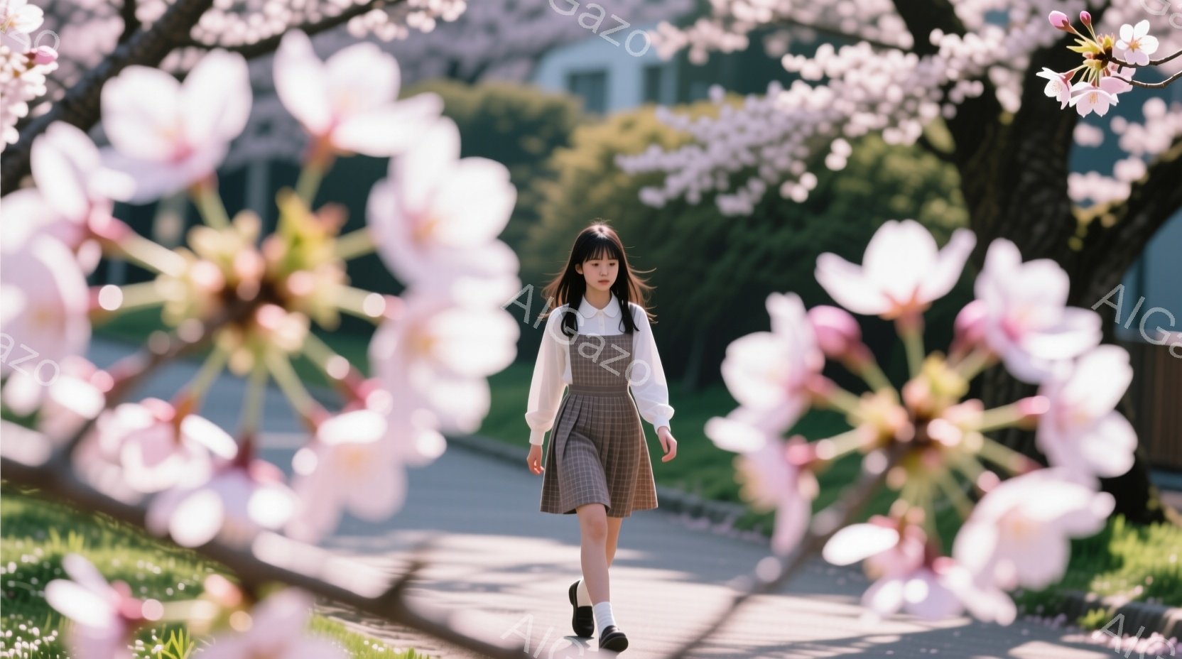 女の子はチェックのスカートと白いブラウスを着て、アスファルトの道の上を歩いています。彼女は黒い靴を履き、髪を長く伸ばして、少し恥ずかしそうな表情をしています。背景には桜の木が咲き誇り、春の穏やかな日差 - AI生成フリー素材