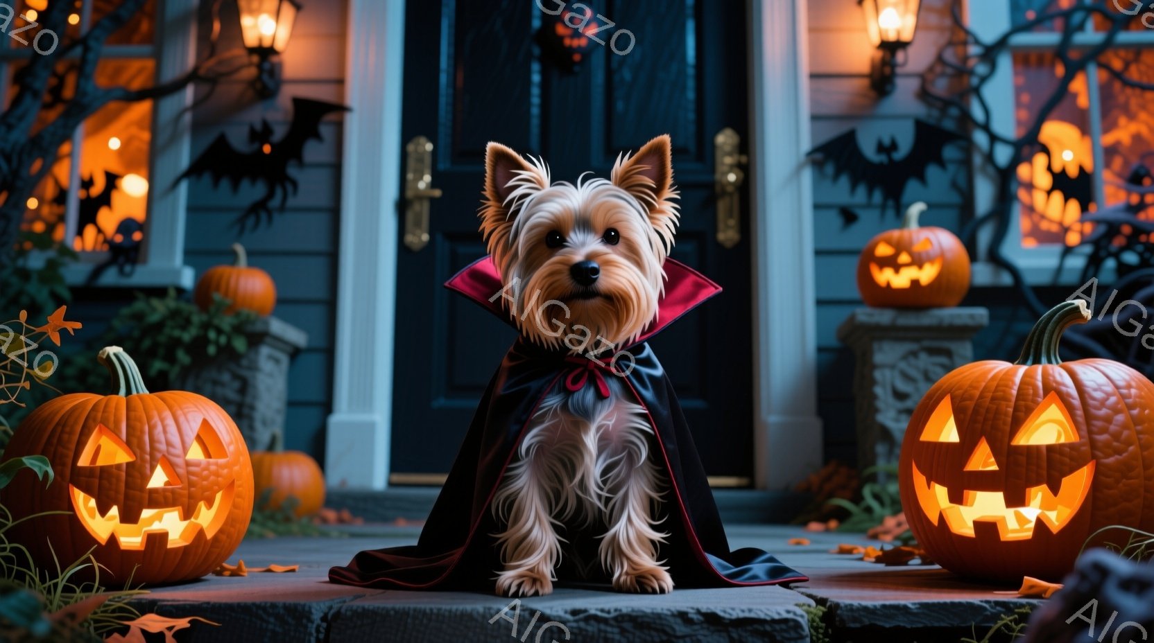 ヨークシャーテリアがハロウィーンの衣装である黒いマントを着て、家の玄関の段に座っています。周りにはジャック・オー・ランタンが置かれ、家の周りにはハロウィーンの装飾が施され、背景にはぼんやりと光る窓が見 - AI生成フリー素材