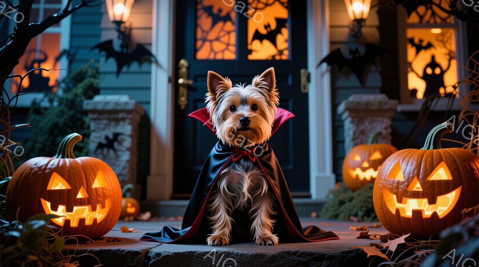 小さなヨークシャーテリアが、ハロウィーンらしい黒いマントと赤いリボンタイをつけて正面を見つめている。背景には、明るく照らされたジャック・オー・ランタンが左右に配置され、暗い家の正面玄関がぼやけて見える - AI生成フリー素材