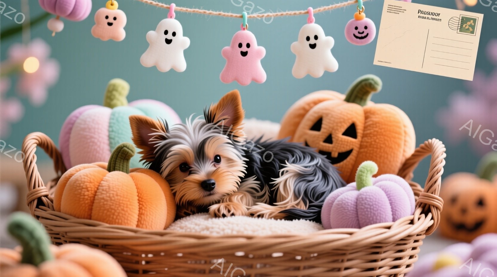 柔らかい毛並みのヨークシャーテリアの子犬が、ハロウィーンをテーマにした籐の籠の中に可愛らしく座っています。背景には、様々な色の幽霊やカボチャの飾り付けがあり、秋の温かく楽しい雰囲気を醸し出しています。 - AI生成フリー素材