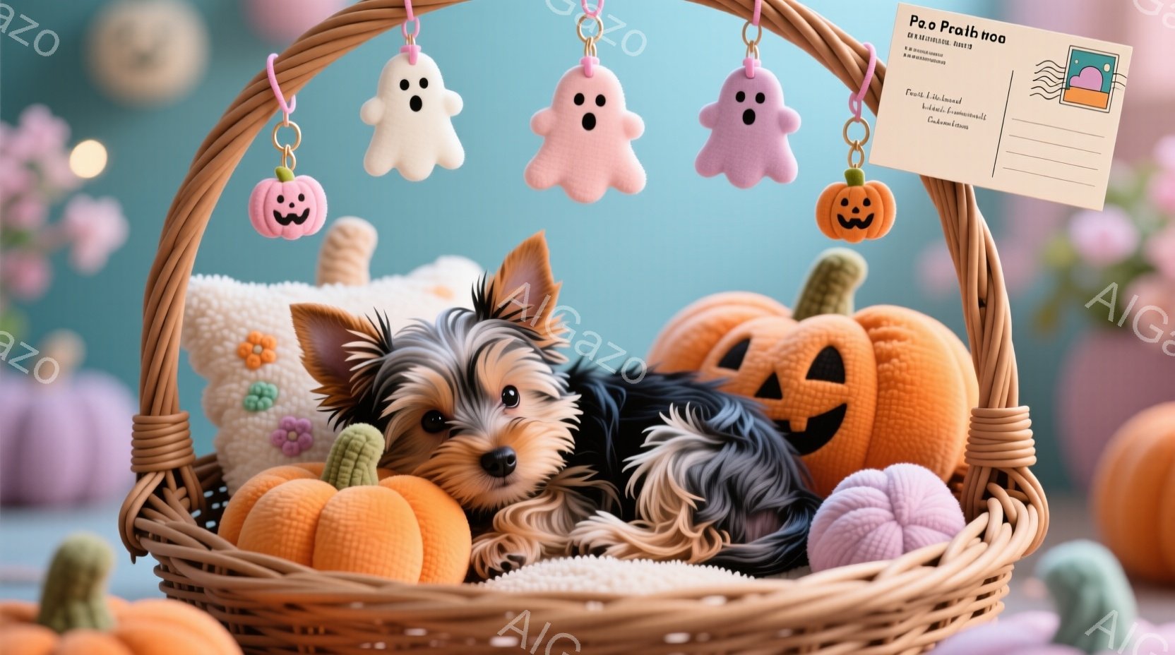 小さなヨークシャーテリアが、ハロウィーンをテーマにしたバスケットの中に座っています。オレンジ色のカボチャ、白い幽霊の飾り、紫色の帽子がバスケットの中にたくさん入っており、秋の雰囲気が漂っています。犬は少し困ったような表情で、毛並みがよく整えられています。