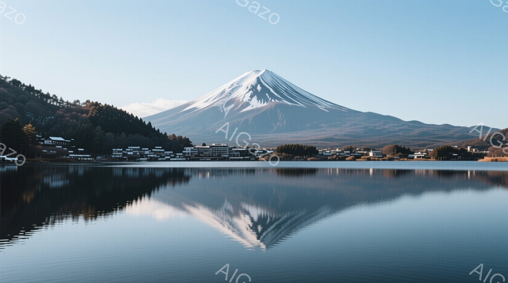 富士山の美しい風景が広がっている。雪を抱いた富士山は堂々とそびえ立ち、その麓には建物が点在し、穏やかな湖面にその姿が完璧に映し出されている。空は澄み渡り、静寂な雰囲気が漂う、日本の象徴的な風景である。