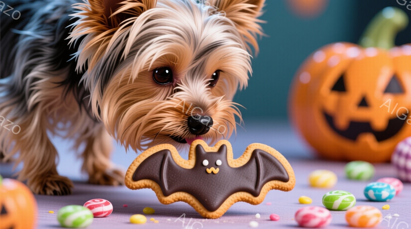 長毛のヨークシャーテリアが、バット型のクッキーに顔を近づけています。背景には、ハロウィーンを象徴するジャック・オ・ランタンやカラフルなキャンディーが散らばっており、紫色のテーブルクロスが敷かれています - AI生成フリー素材