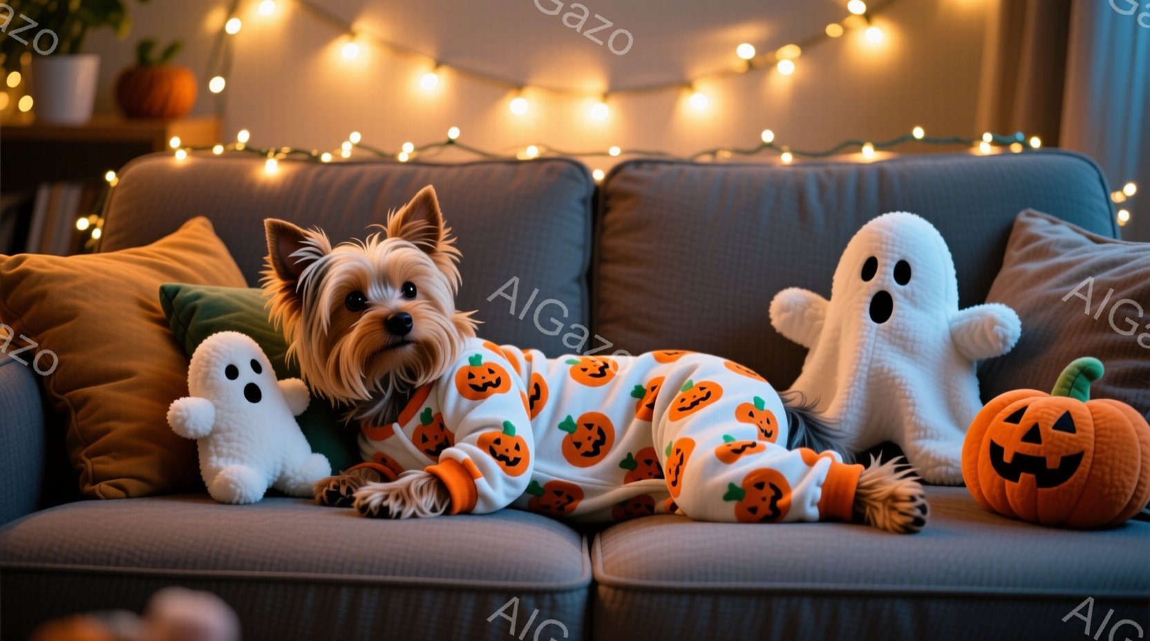ヨークシャーテリアがハロウィーンをテーマにしたオレンジ色のカボチャ柄のパジャマを着て、灰色のソファに横たわっています。その周りには、ふわふわの白い幽霊のぬいぐるみと、愛らしいカボチャのぬいぐるみがあり - AI生成フリー素材