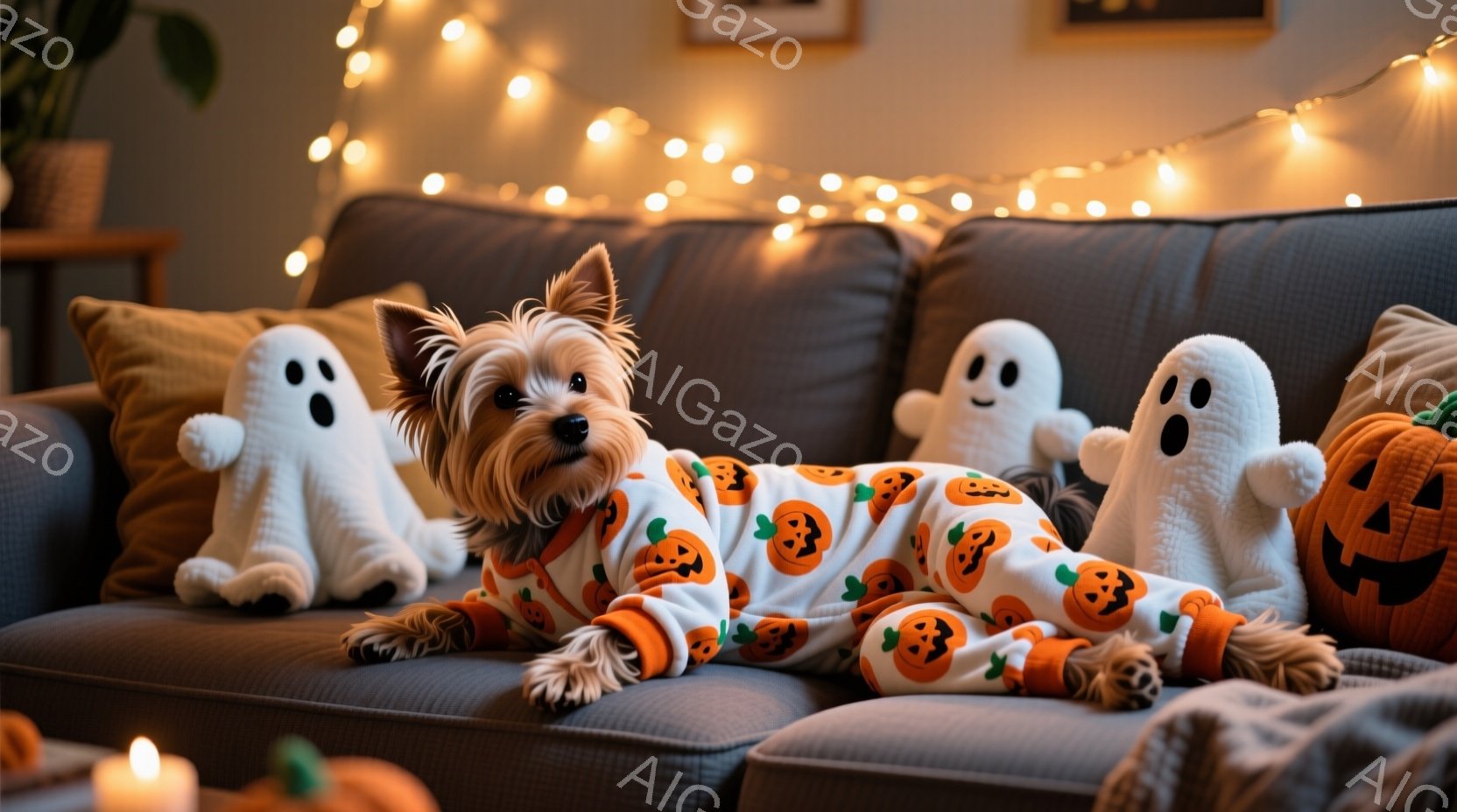 ヨークシャーテリアがハロウィーンのテーマのオレンジ色のカボチャの柄のパジャマを着て、灰色のソファーに横たわっています。その周りには、白いお化けのぬいぐるみやカボチャの形をしたクッションが置かれ、背景に - AI生成フリー素材