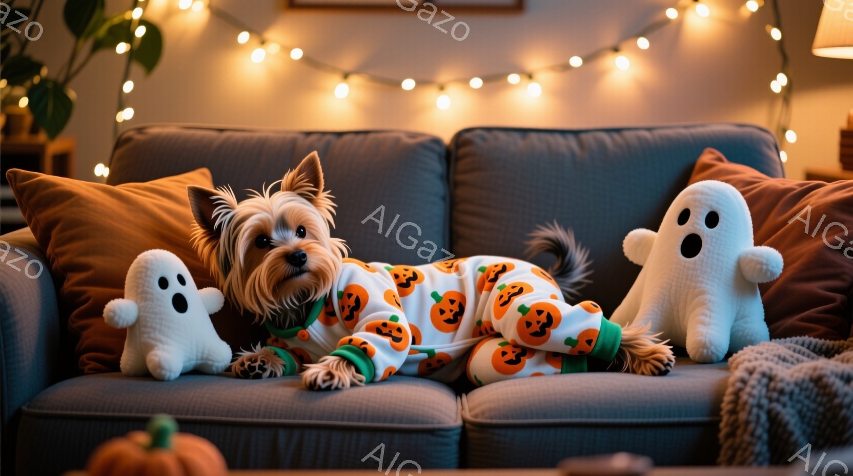 ソファの上で、ハロウィーンの模様が入ったジャンプスーツを着たヨークシャーテリアが横たわっています。その両脇には白いお化けのぬいぐるみがあり、リラックスした雰囲気で、背景にはぼやけた植物と、温かい光を放つストリングライトが見えます。全体的に、暖かく居心地の良いハロウィーンの雰囲気を醸し出しています。