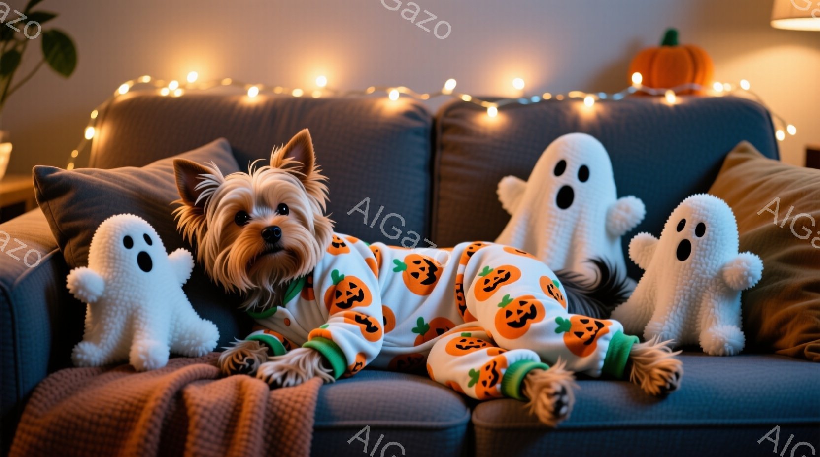 白い背景にオレンジ色のカボチャ模様が描かれたパジャマを着たヨークシャーテリアが、灰色のソファに横たわっています。その周りには、ふわふわの白いお化けのぬいぐるみが3体置かれ、オレンジ色のブランケットがソ - AI生成フリー素材