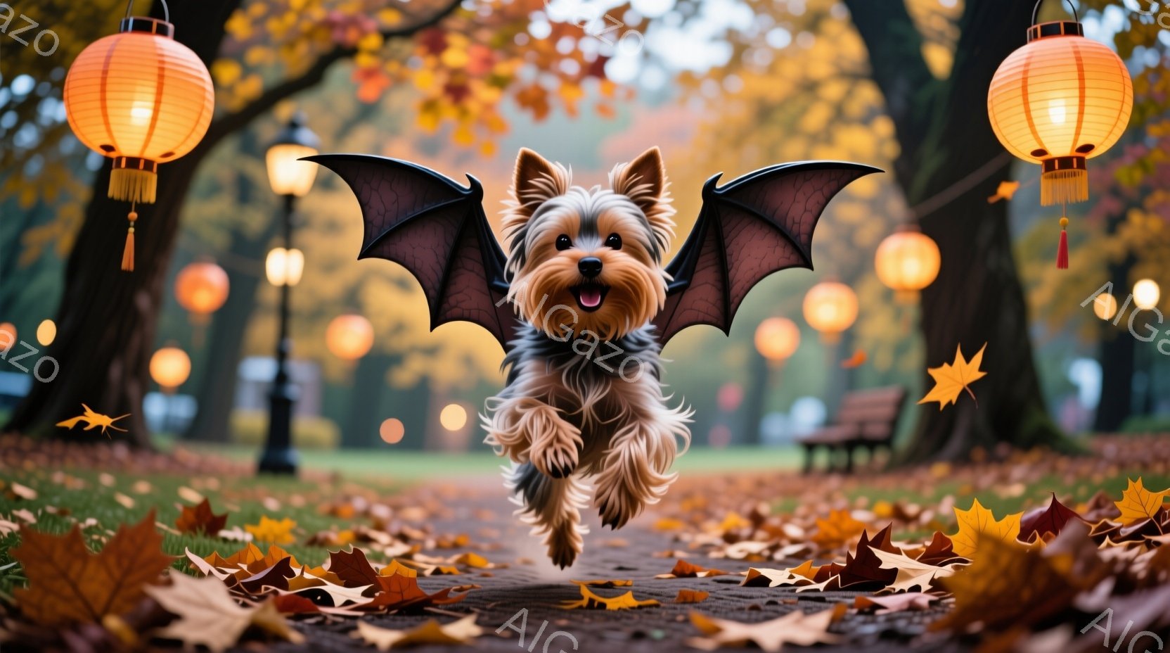 ヨークシャーテリアが、まるで飛んでいるかのように、両手を広げた黒いコウモリの翼をつけて、落ち葉が敷き詰められた公園の小道を駆けている。背景には、ぼんやりとしたベンチと、オレンジ色の提灯が並ぶ木々があり - AI生成フリー素材