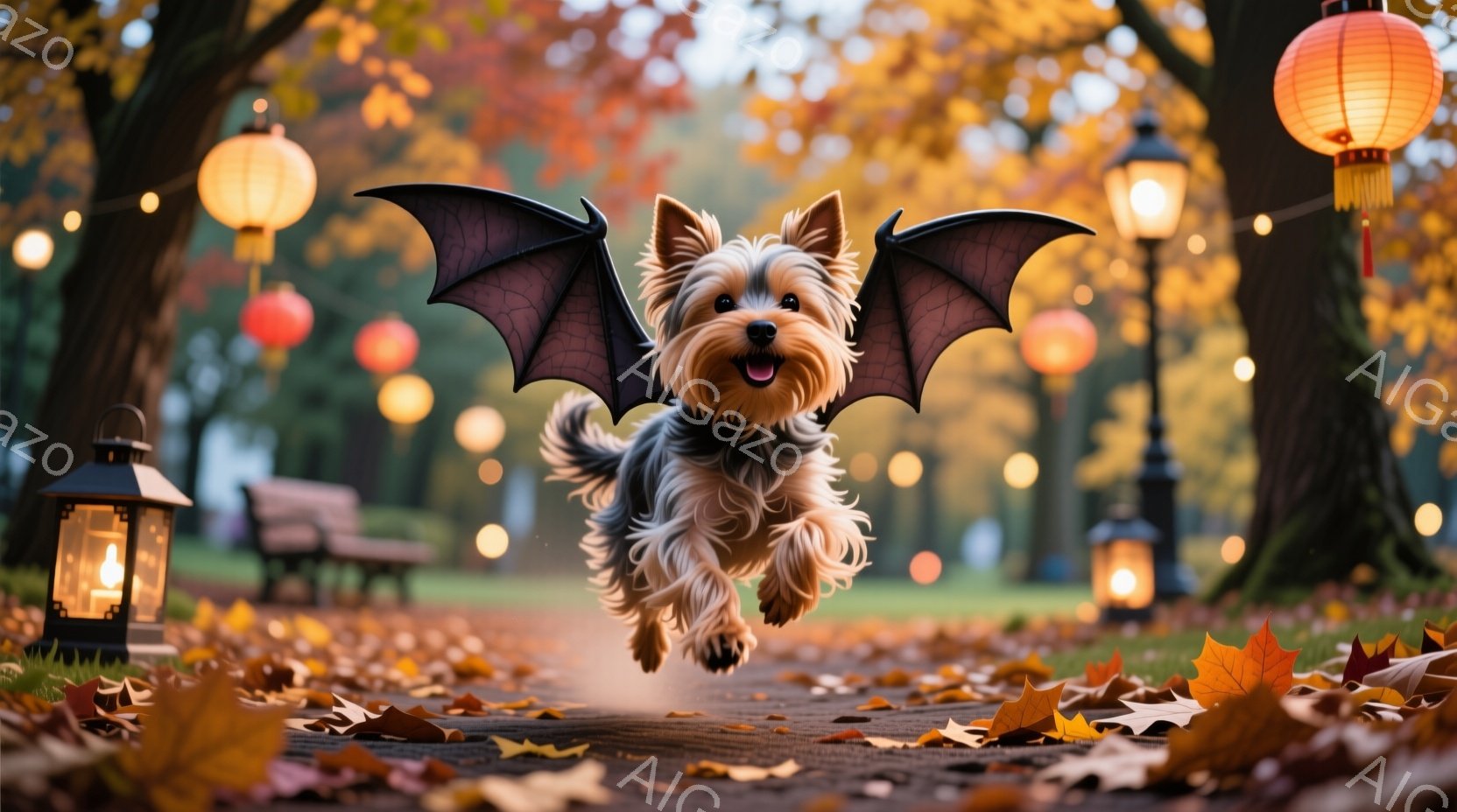 ヨークシャーテリアが、まるで飛んでいるかのように、公園の遊歩道を走り抜けています。背中にはコウモリのような翼が生えており、楽しそうな表情で、鮮やかな秋の紅葉が地面に散らばっています。背景にはベンチや提 - AI生成フリー素材