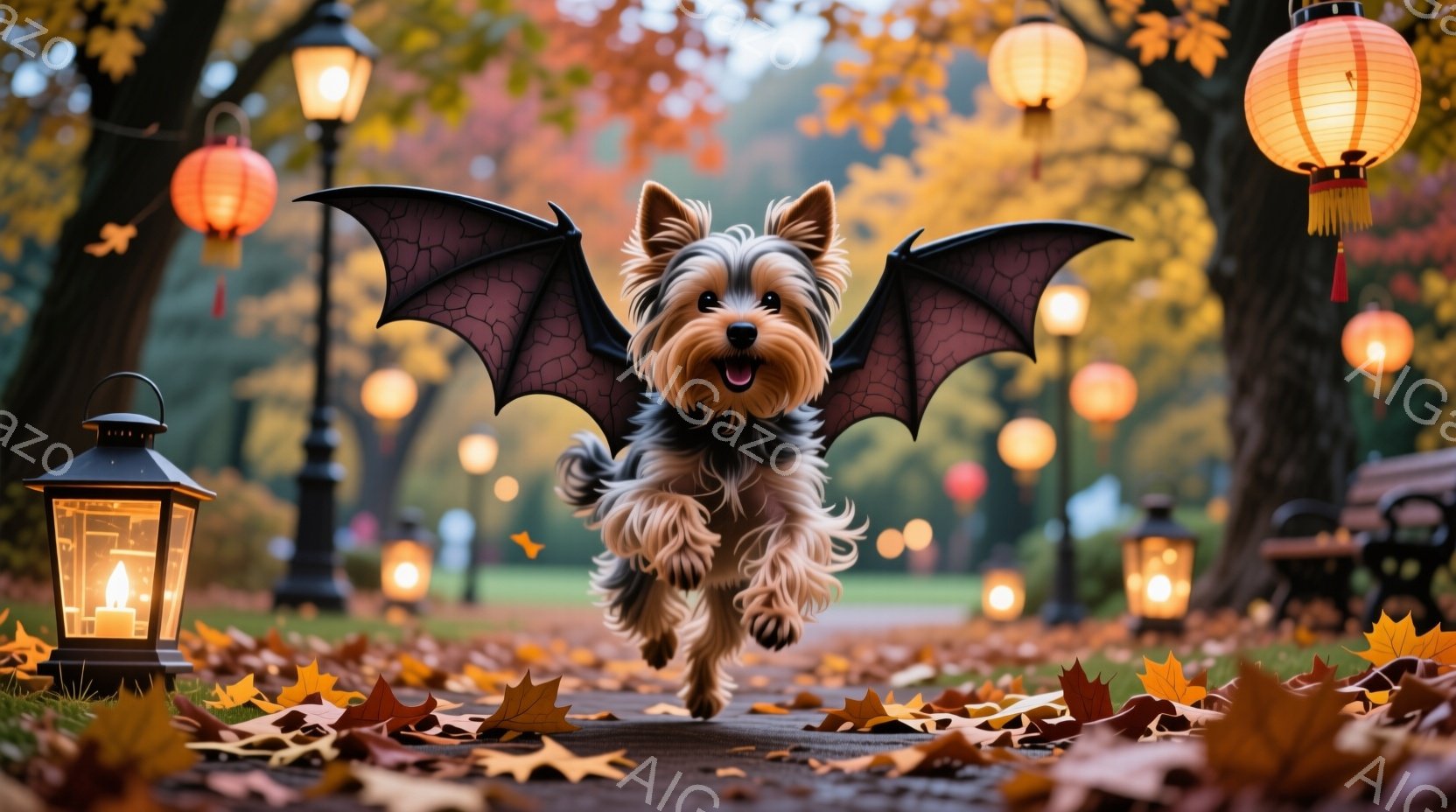 長い毛並みのヨークシャーテリアが、まるで空を飛ぶように地面を駆け抜けている。ハロウィーンを彷彿とさせる黒い翼を背中に付けており、楽しげな表情で口を開けている。背景には紅葉した木々と、温かい光を放つランタンが並び、秋の暖かい雰囲気と遊び心のあるハロウィーンの装飾が調和している。