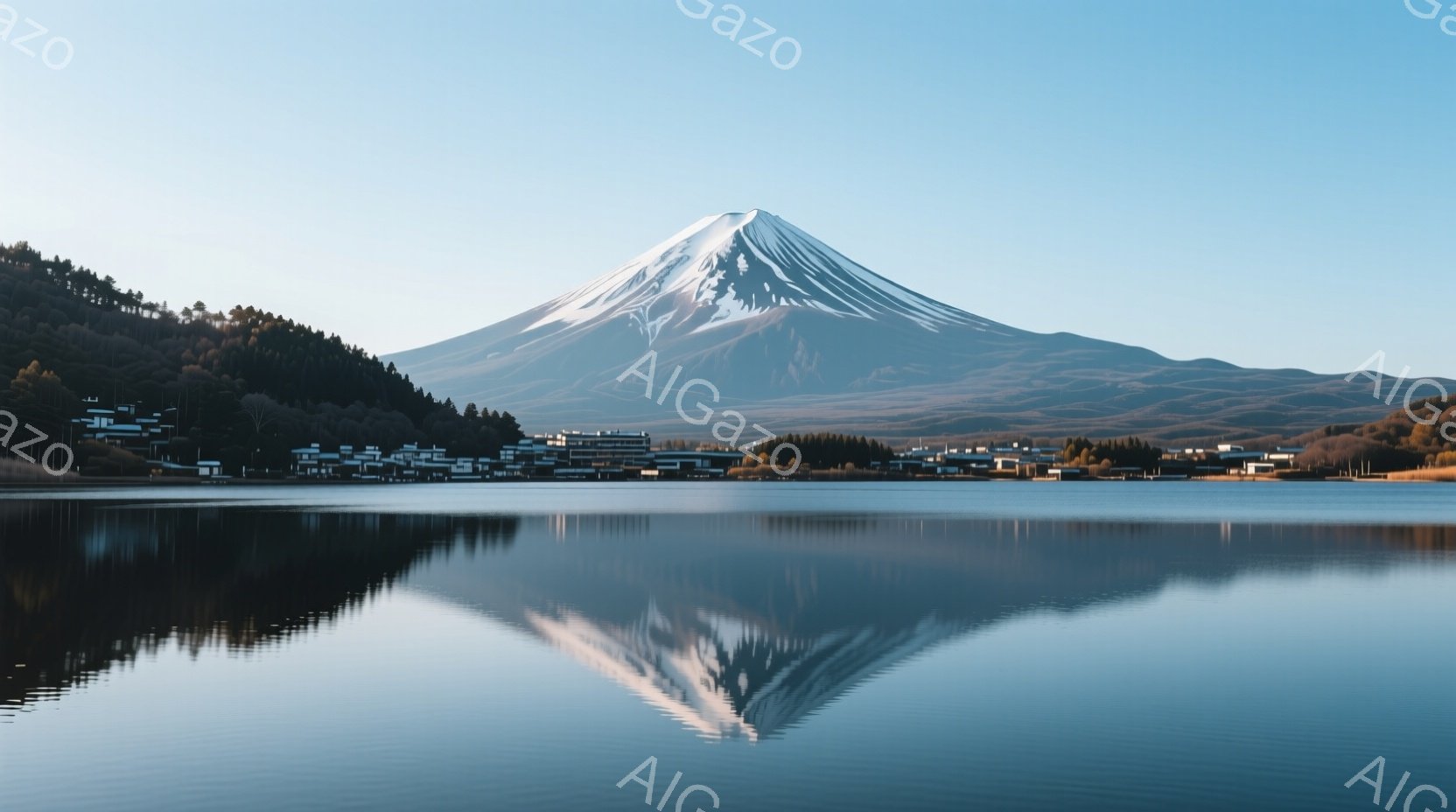遠くに見える富士山が、穏やかな湖面に美しく映り込んでいる。湖のほとりに沿って、緑豊かな丘と、白い建物が並び、静かで平和な雰囲気を醸し出している。空は晴れ渡り、富士山の雪景色が際立って見える、穏やかな冬 - AI生成フリー素材