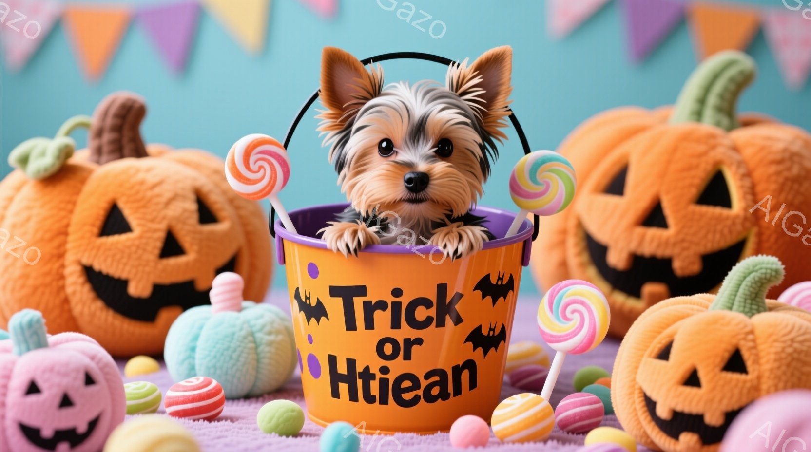 小さなヨークシャーテリアがオレンジ色のハロウィーンのバケツに座っており、バケツには「Trick or Treat」と書かれています。背景には、さまざまな表情をしたジャック・オー・ランタンや、カラフルなキャンディーが散りばめられており、ハロウィーンの楽しい雰囲気を演出しています。明るくカラフルな色使いと、犬の愛らしい表情が、全体的に温かく幸せな印象を与えています。