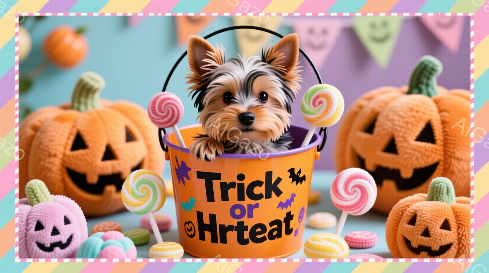 小さなヨークシャーテリアがオレンジ色の「Trick or Hreat」と書かれたバケツの中に座っています。背景には、ハロウィーンのテーマで装飾されたキャンディーや、ジャック・オー・ランタンが置かれ、お - AI生成フリー素材
