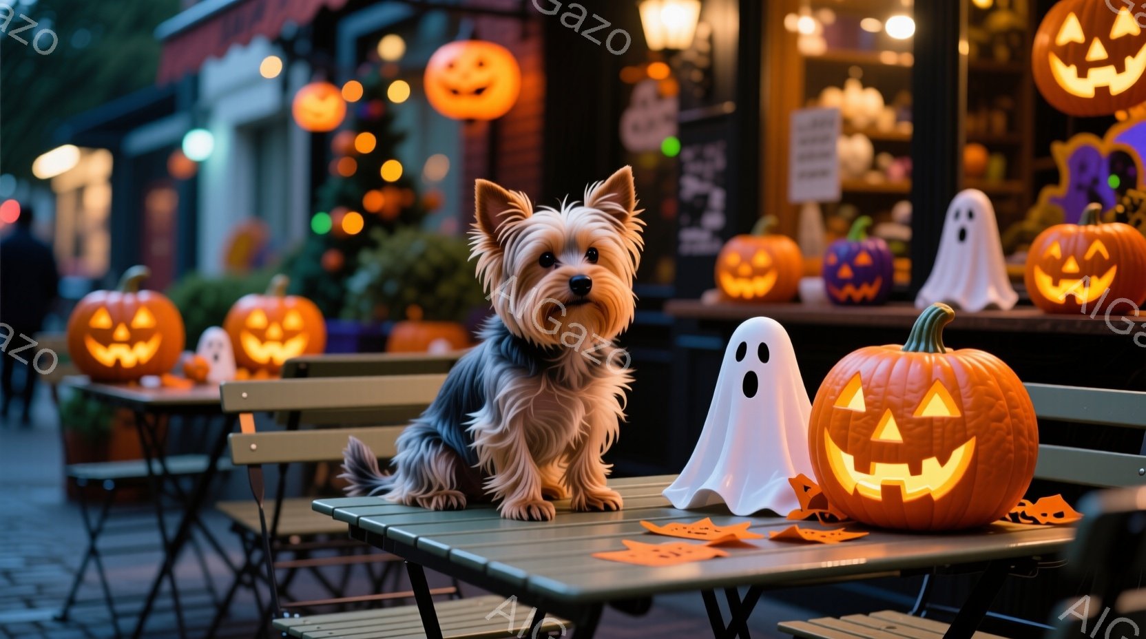 長い毛並みのヨークシャーテリアが、ハロウィーンの飾り付けがされた屋外カフェのテーブルに座っています。テーブルの上には、光るジャック・オー・ランタンと、白いお化けの置物が並び、背景にはさらに多くのハロウ - AI生成フリー素材