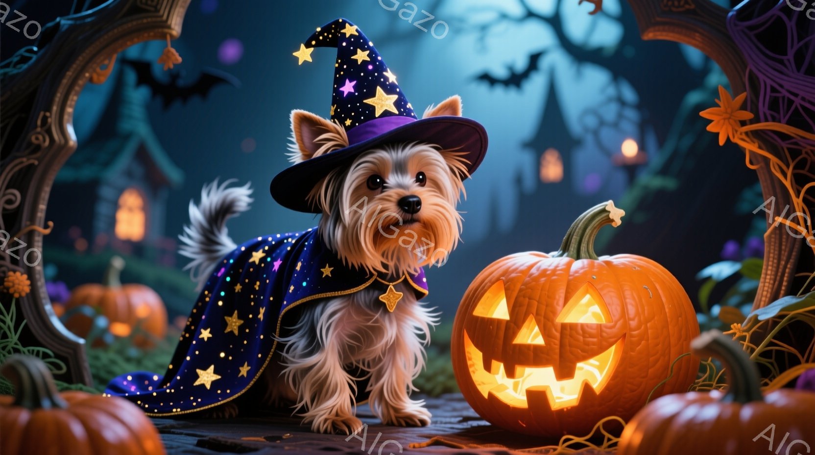 白いヨークシャーテリアが、星が刺繍された濃い青色のマントと先のとがった帽子を身につけ、正面を向いています。背景には、ハロウィーンの夜を象徴するように、ジャック・オー・ランタンが光り、暗い森とシルエット - AI生成フリー素材