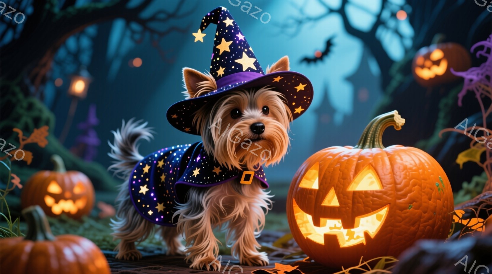 小さなヨークシャーテリアが、紫色の星柄の魔女の帽子とマントを身につけています。明るく照らされたジャック・オー・ランタンの隣で、まっすぐ前を見て、少し警戒した表情を浮かべて立っています。背景は暗い森で、 - AI生成フリー素材