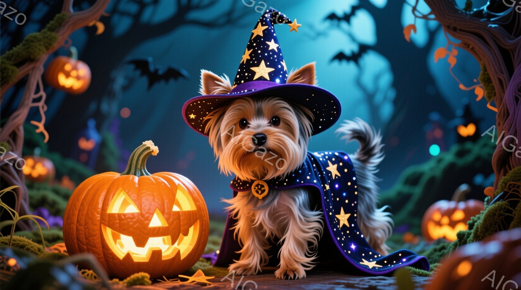 小さなヨークシャーテリアが、ハロウィーンをテーマにした衣装を着ています。紫色の星が散りばめられたマントと、先が尖った魔女帽子を身に着け、嬉しそうな表情をしています。背景には、緑の苔むした地面、ジャック - AI生成フリー素材