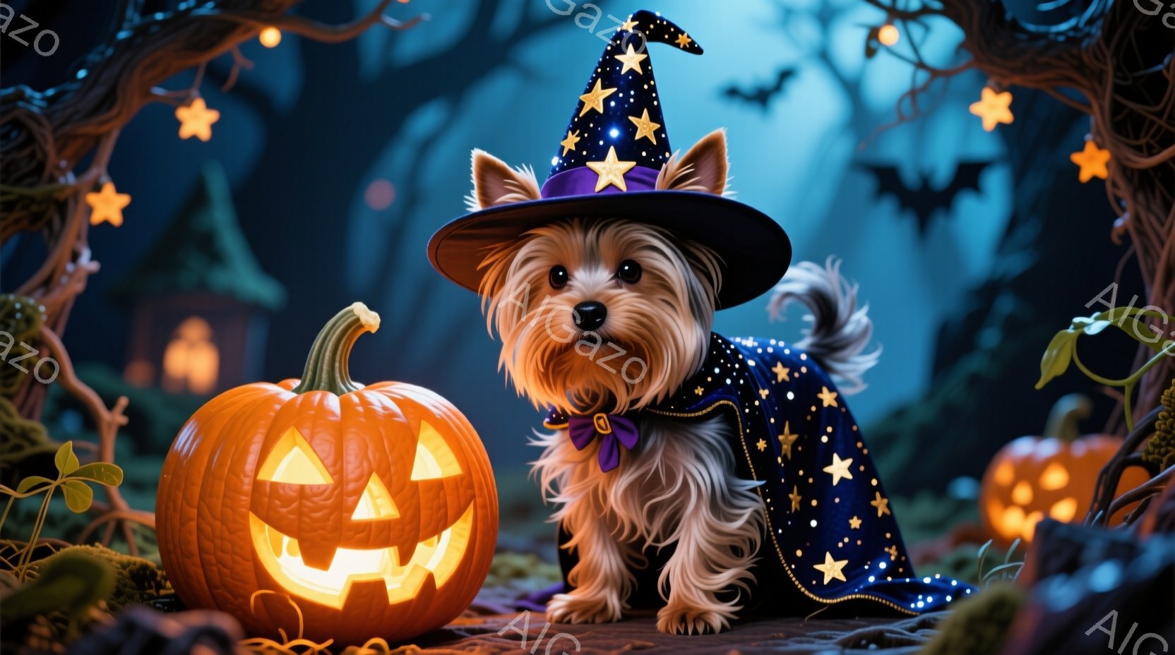 長毛のヨークシャーテリアが、紫色の星柄のローブと魔女帽子を身に着け、ジャック・オー・ランタンの隣に座っています。犬は前足を伸ばしてリラックスした姿勢で、穏やかな表情をしています。背景には、暗い森とハロ - AI生成フリー素材