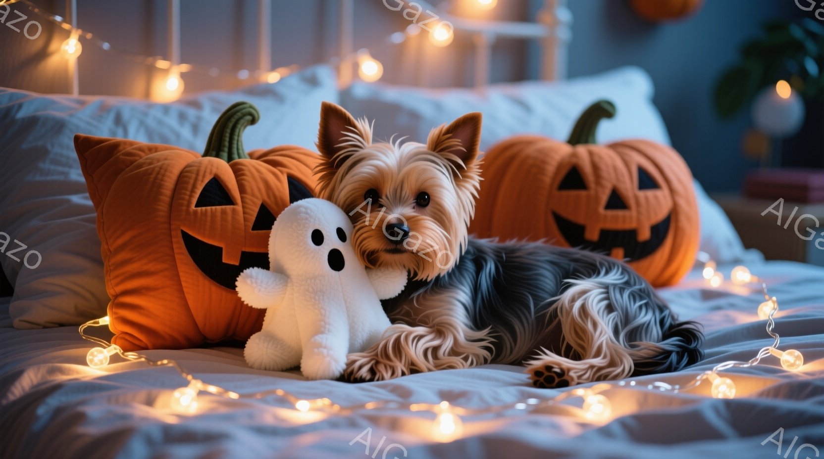 ベッドの上に、茶色と黒のヨークシャーテリアが横たわっており、ハロウィーンの飾りであるカボチャの枕と白い幽霊のぬいぐるみに囲まれています。犬はリラックスした表情で、ふわふわの毛並みが特徴的です。背景には - AI生成フリー素材