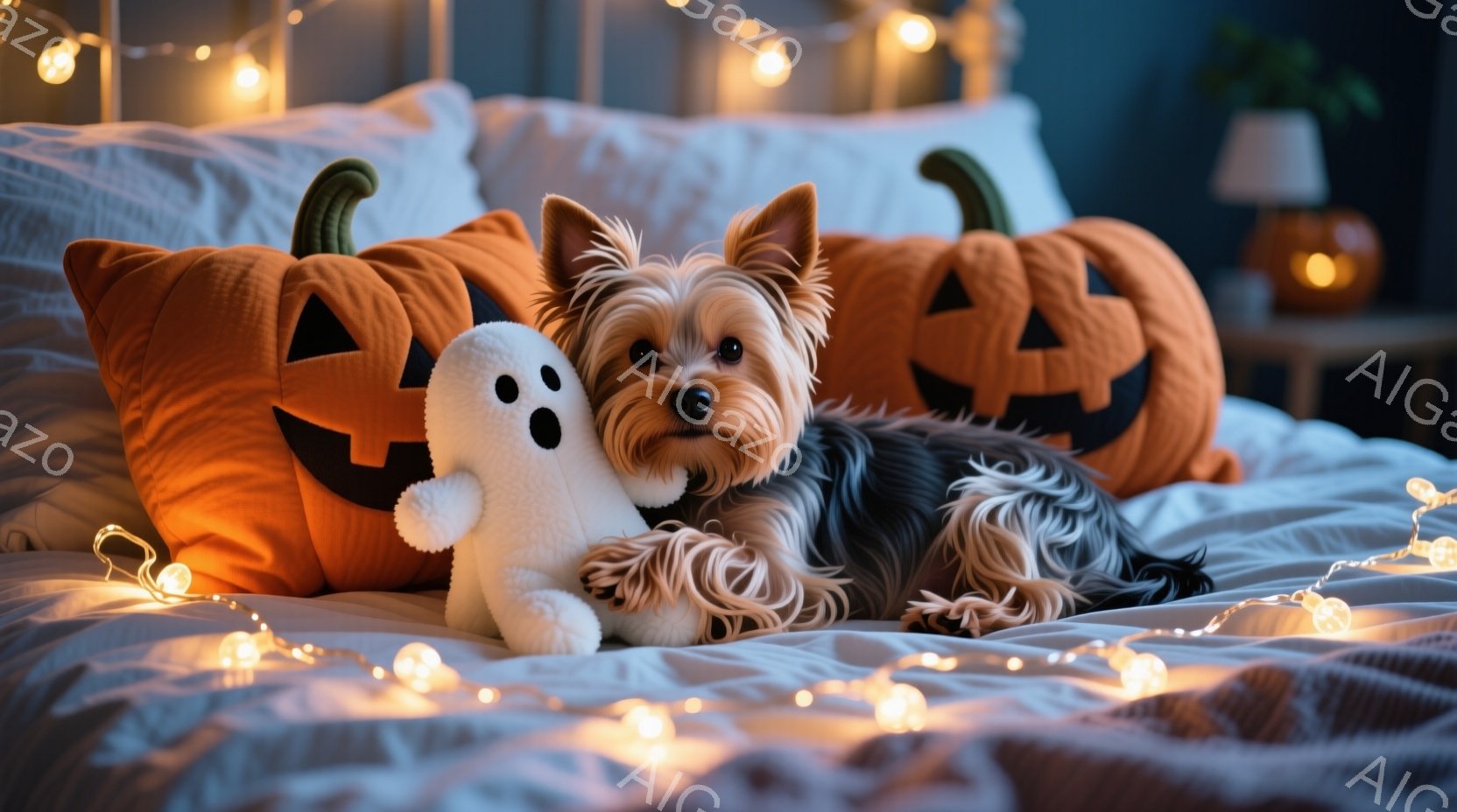 ベッドの上でヨークシャーテリアが、ハロウィーンの飾り付けであるカボチャのクッションとゴーストのぬいぐるみに囲まれて横たわっています。犬はリラックスした表情で、フワフワとした毛並みが特徴的です。背景には薄暗い照明と、ハロウィーンらしい暖かい雰囲気を感じさせる電飾が見えます。