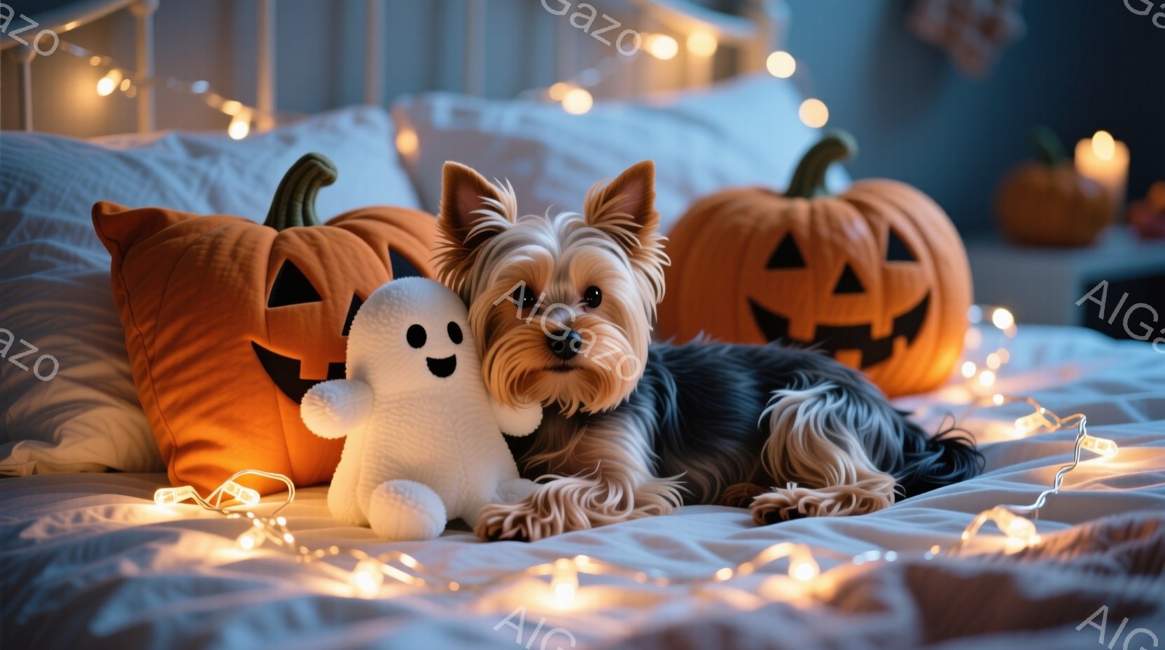 白いベッドの上に、ハロウィーンをテーマにした飾り付けが施されている。茶色と黒のヨークシャーテリアが、ジャック・オー・ランタンの形のクッションと白いゴーストのぬいぐるみに囲まれて横たわっており、リラック - AI生成フリー素材