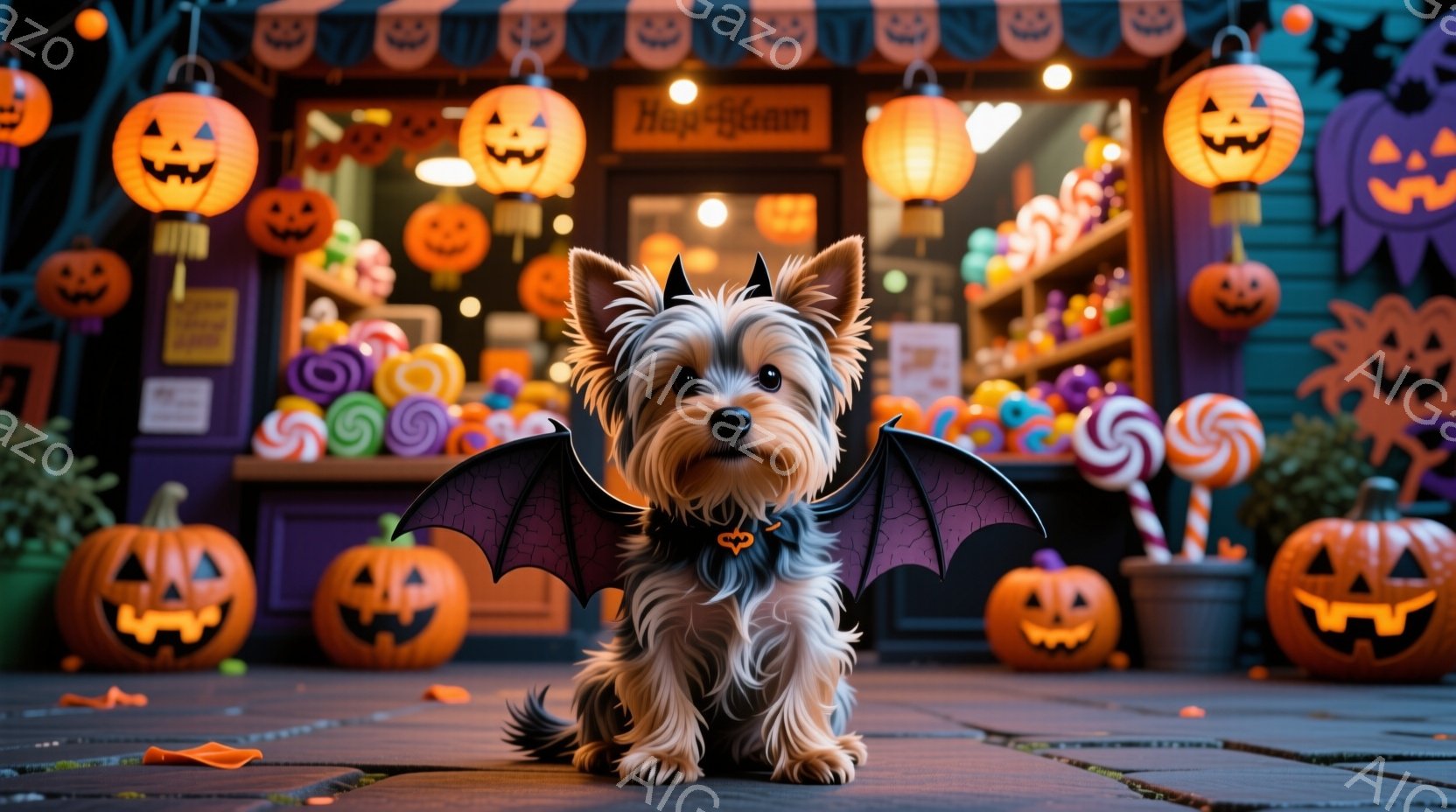 ハロウィーンの装飾で飾られたお店の前に、コケルビューティー（ヨークシャーテリア）が座っています。黒いコウモリの羽と首輪をつけており、少し上目遣いで見つめています。背景にはカボチャのランタン、キャンディ - AI生成フリー素材