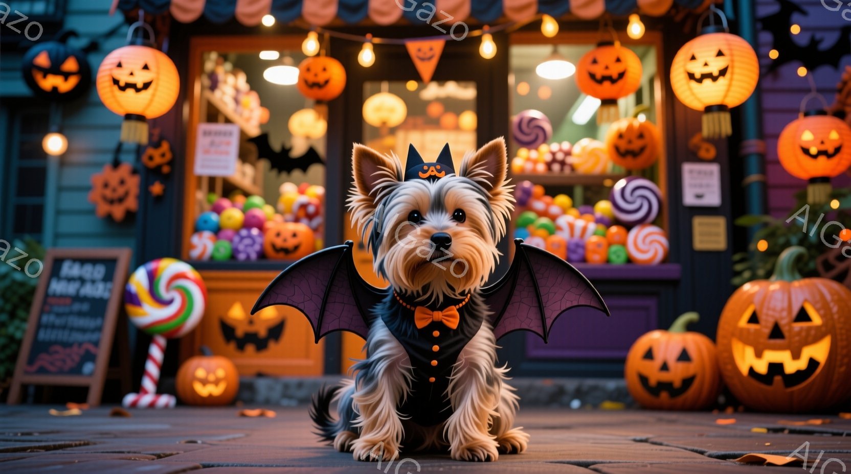 小さなヨークシャーテリアが、ハロウィーンの装飾が施された店の前に座っています。黒いコスチュームに蝶ネクタイとコウモリの羽を身につけ、正面を向いて少し微笑んでいるように見えます。背景には、カラフルなキャンディーやカボチャのランタンが飾られたお店があり、ハロウィーンの楽しい雰囲気を醸し出しています。