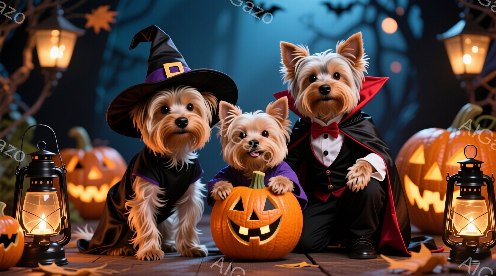 三匹のヨークシャーテリアがハロウィーンの衣装を着て、木製のテーブルの上に並んでいます。左の犬は魔女の帽子と黒いケープを着て、中央の犬はかぼちゃの衣装を着て、右の犬は吸血鬼風のタキシードとマントを着てい - AI生成フリー素材