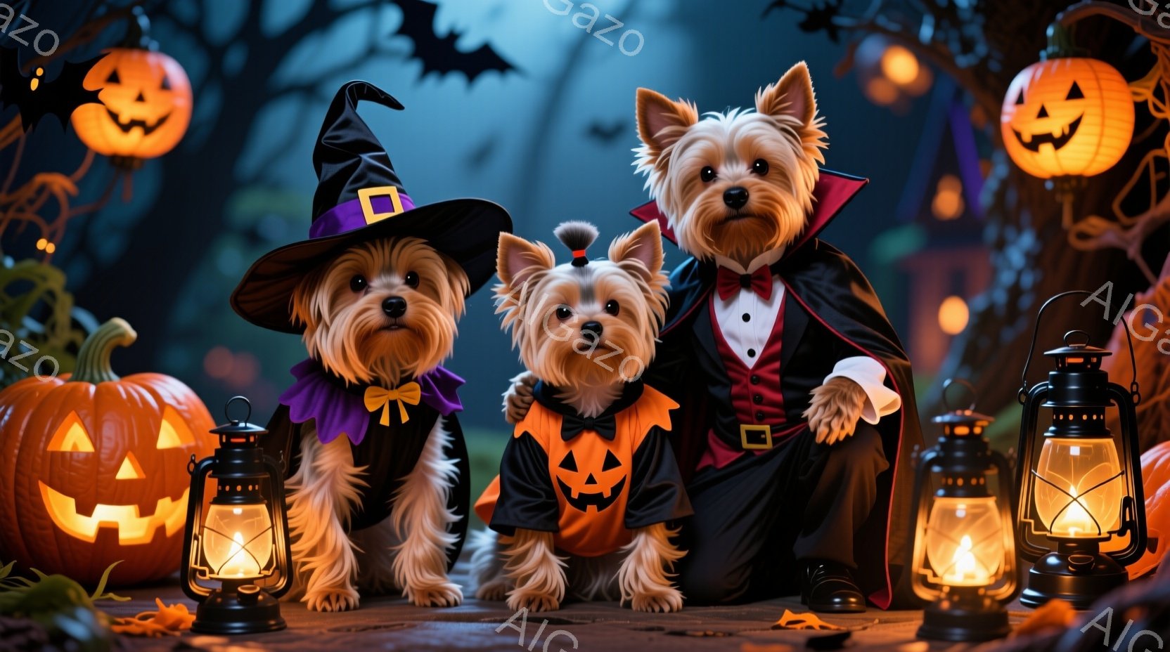 ３匹のテリア犬がハロウィーンの衣装を着て、板の上に座っています。左の犬は紫のリボンと魔女の帽子をかぶり、真ん中の犬はカボチャの模様の蝶ネクタイをつけ、右の犬は燕尾服を着ています。背景には、光るジャック - AI生成フリー素材