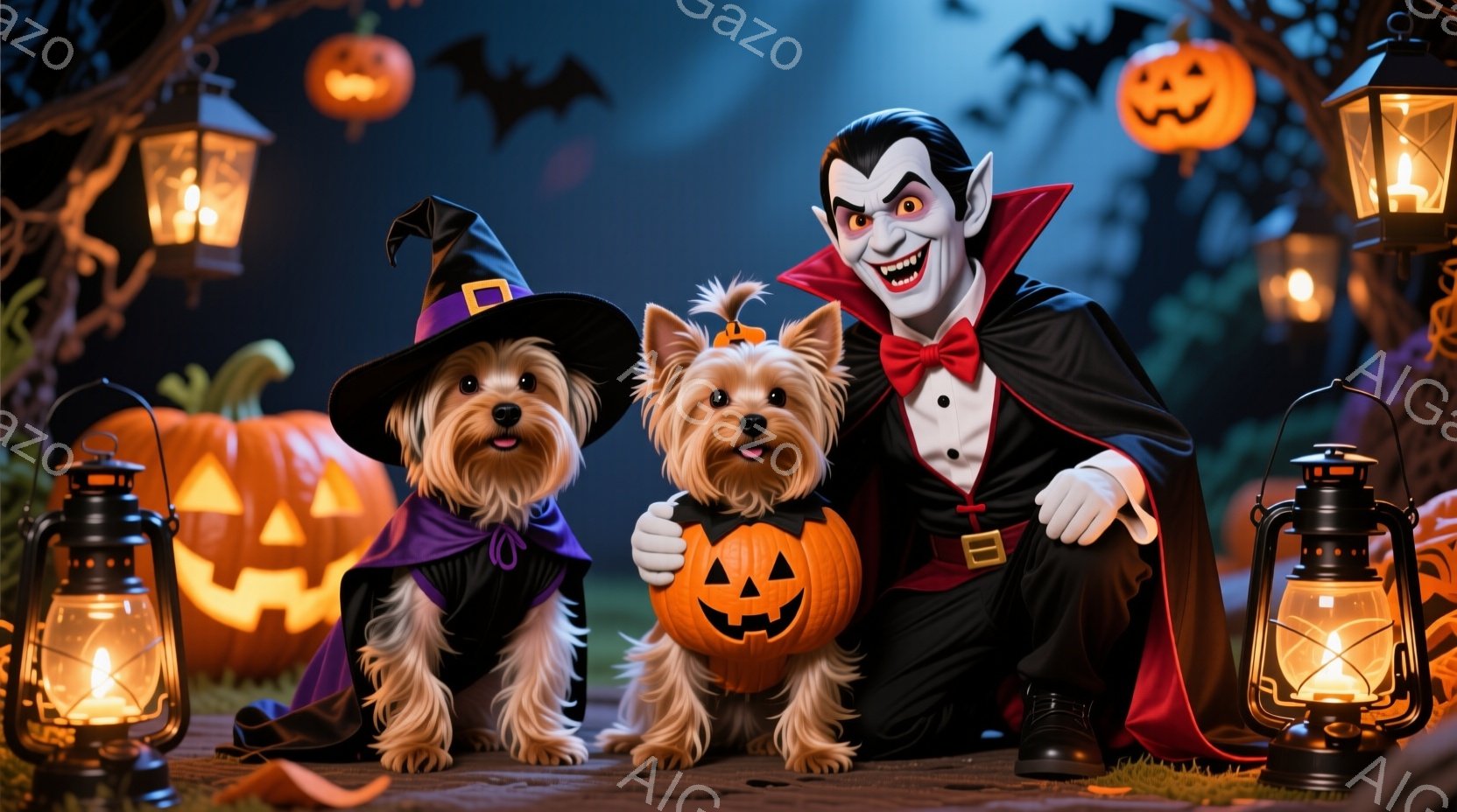 ハロウィーンの装飾が施された庭に、吸血鬼の衣装を着た男性と、魔女とカボチャの衣装を着た2匹のヨークシャーテリアが並んで座っています。男性は赤い目、鋭い牙、黒い衣装と赤い蝶ネクタイ姿で、笑顔を見せていま - AI生成フリー素材