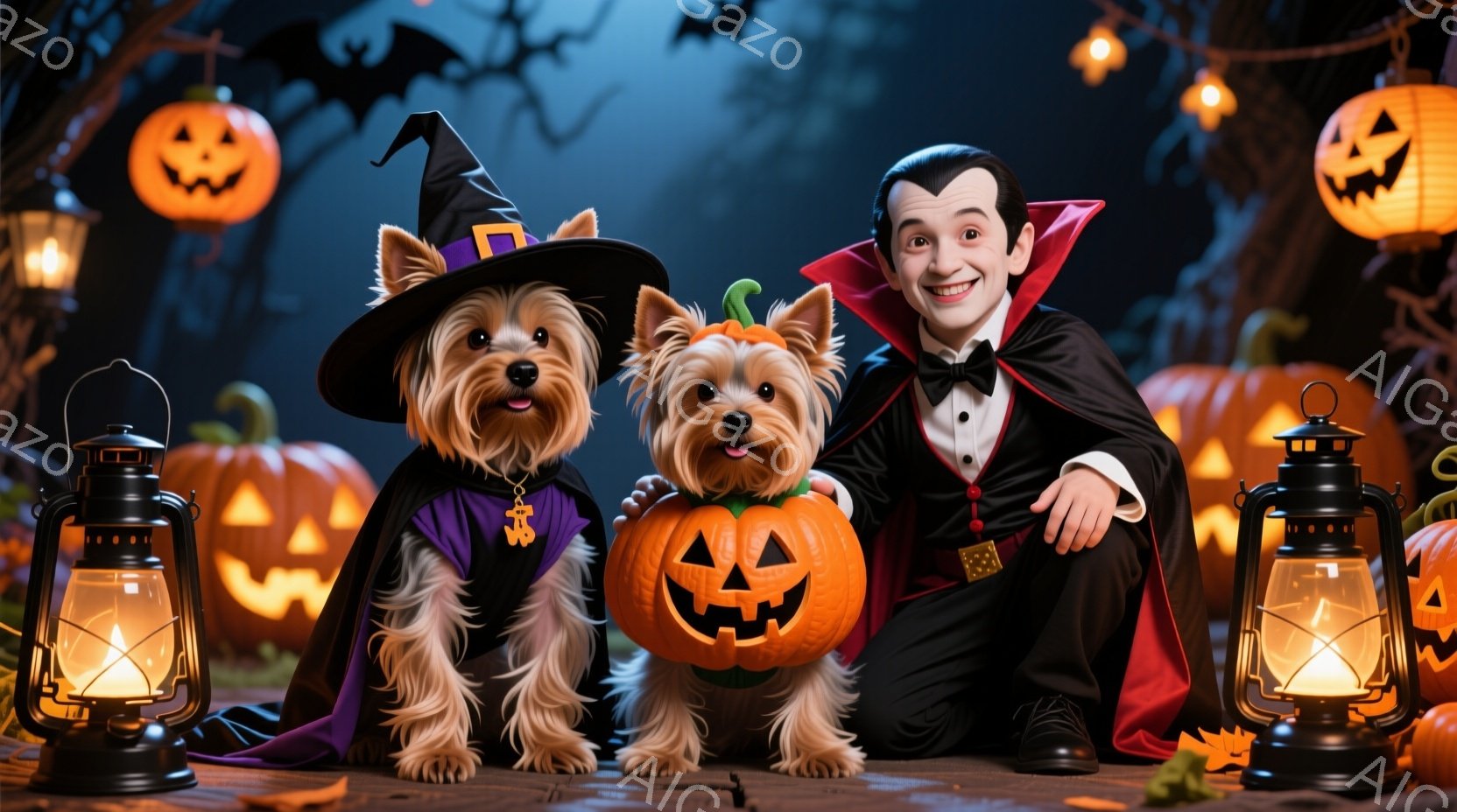ハロウィーンをテーマにした写真で、男性と2匹の犬が写っています。男性は黒いスーツに赤いマントを羽織り、吸血鬼風のヘアスタイルで微笑んでいます。2匹の犬はそれぞれハロウィーンの衣装を着ており、一匹は魔女 - AI生成フリー素材