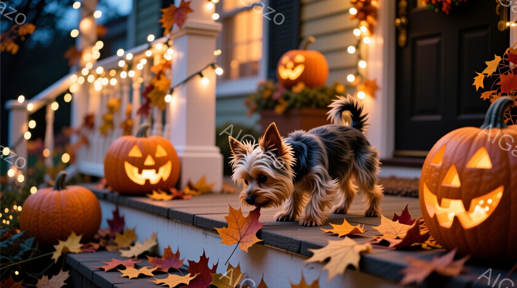 ハロウィンの飾り付けがされた玄関の階段に、ヨークシャーテリアが落ち葉を口にくわえて立っています。オレンジ色のジャック・オー・ランタンが階段の両脇に並び、背景には暖かい光が灯った家が見え、秋の温かく、お - AI生成フリー素材