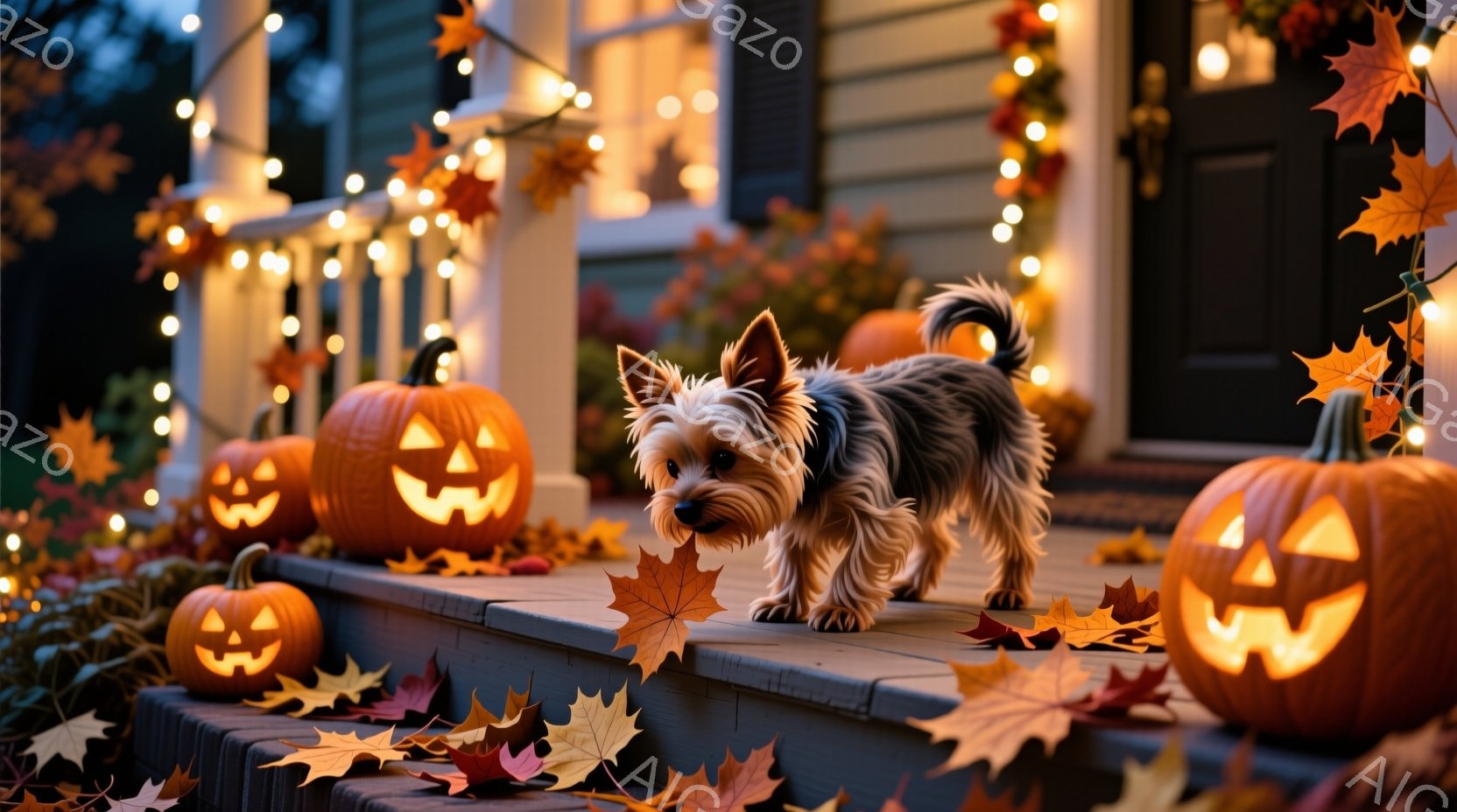 ハロウィンの飾り付けがされた家の階段に、ヨークシャーテリアが立っている。オレンジ色のカボチャのランタンが階段の両側に並び、落ち葉が散らばっていることで、秋の暖かい雰囲気が表現されている。犬は前方をまっ - AI生成フリー素材