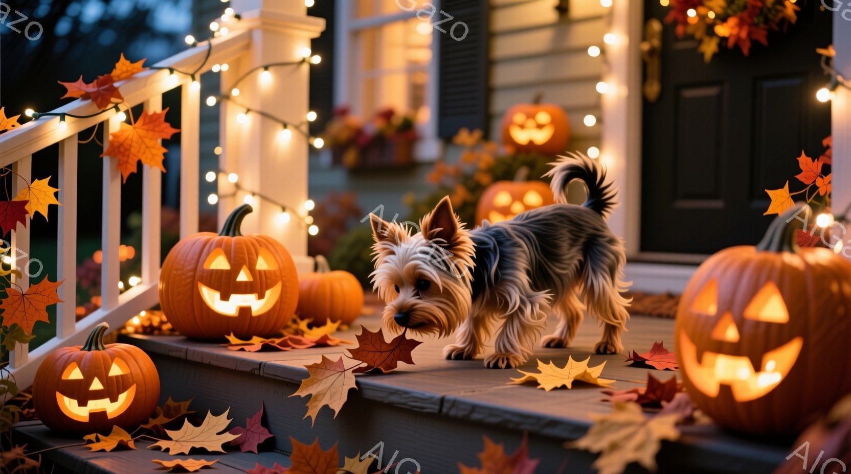 ハロウィーンの装飾が施された玄関の階段に、ヨークシャーテリアが立っている。周りには彫刻が施されたカボチャが並び、階段や地面には紅葉が散らばっている。暖色系の光が全体を照らし、秋の穏やかで祝祭的な雰囲気を醸し出している。