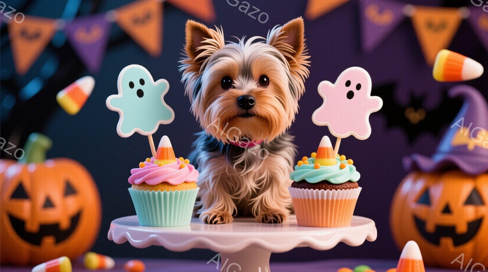 ヨークシャーテリアが、ハロウィーンをテーマにしたケーキの盛られたプレートの前に座っています。ケーキには、キャンディコーンと幽霊の飾りがあり、背景にはオレンジ色のパンプキンとハロウィーンの旗が並んでいます。全体的に、可愛らしく、お祝いの雰囲気が漂うハロウィーンの画像です。