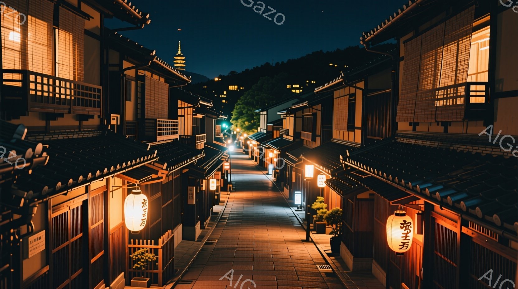 石畳の道が両側に古い木造建築に挟まれて続いており、暖色の提灯がその道を優しく照らしている。背景には緑豊かな丘陵が見え、遠くには寺院の塔がそびえ立ち、静かで穏やかな夜の雰囲気を醸し出している。建物は伝統的な日本の様式で、趣のある看板や植物が置かれており、歴史的な街並みを彷彿とさせる。