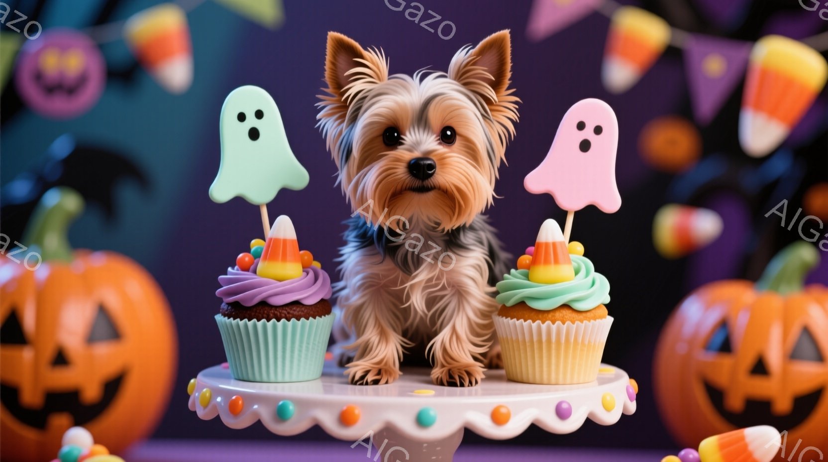 ヨークシャーテリアが、ハロウィーンをテーマにしたカップケーキの間のケーキスタンドに座っています。カップケーキは水色と紫で、キャンディコーンと幽霊の飾りがあります。背景には、紫色の背景にカボチャのランタンとハロウィーンの装飾が散りばめられており、お祝いの雰囲気を醸し出しています。