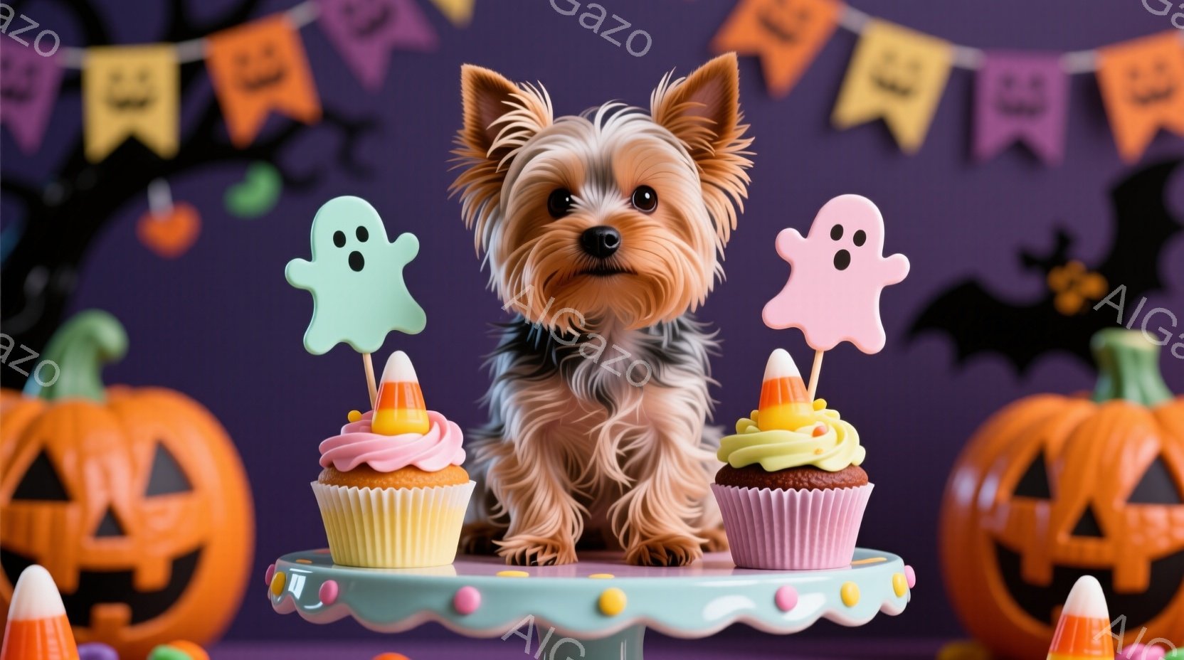 小さなヨークシャーテリアが、ハロウィーンをテーマにしたケーキの山の上に座っています。ケーキにはカラフルなアイシングと、お化けやコーン型の飾りがあります。背景にはオレンジ色のジャック・オー・ランタンと、 - AI生成フリー素材