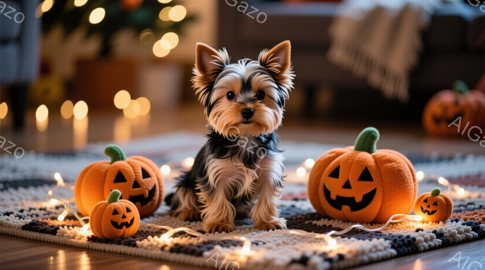 小さなヨークシャーテリアが、ハロウィーンの装飾であるオレンジ色のカボチャに囲まれて座っています。床には模様の入ったラグが敷かれ、カボチャの周りには暖かい光を放つフェアリーライトが散りばめられています。 - AI生成フリー素材