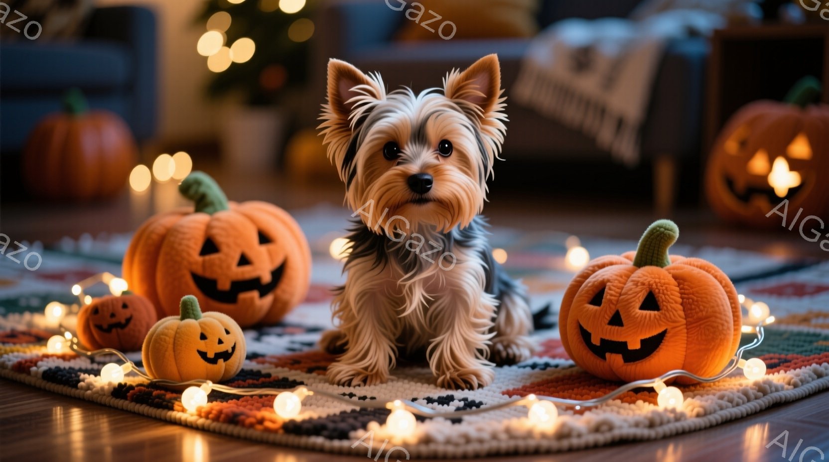 小さなヨークシャーテリアが、ハロウィーンの装飾で飾られた床に座っています。オレンジ色のジャック・オー・ランタンがいくつか周りに置かれ、暖かい光のイルミネーションが雰囲気を高めています。犬は正面を見てお - AI生成フリー素材
