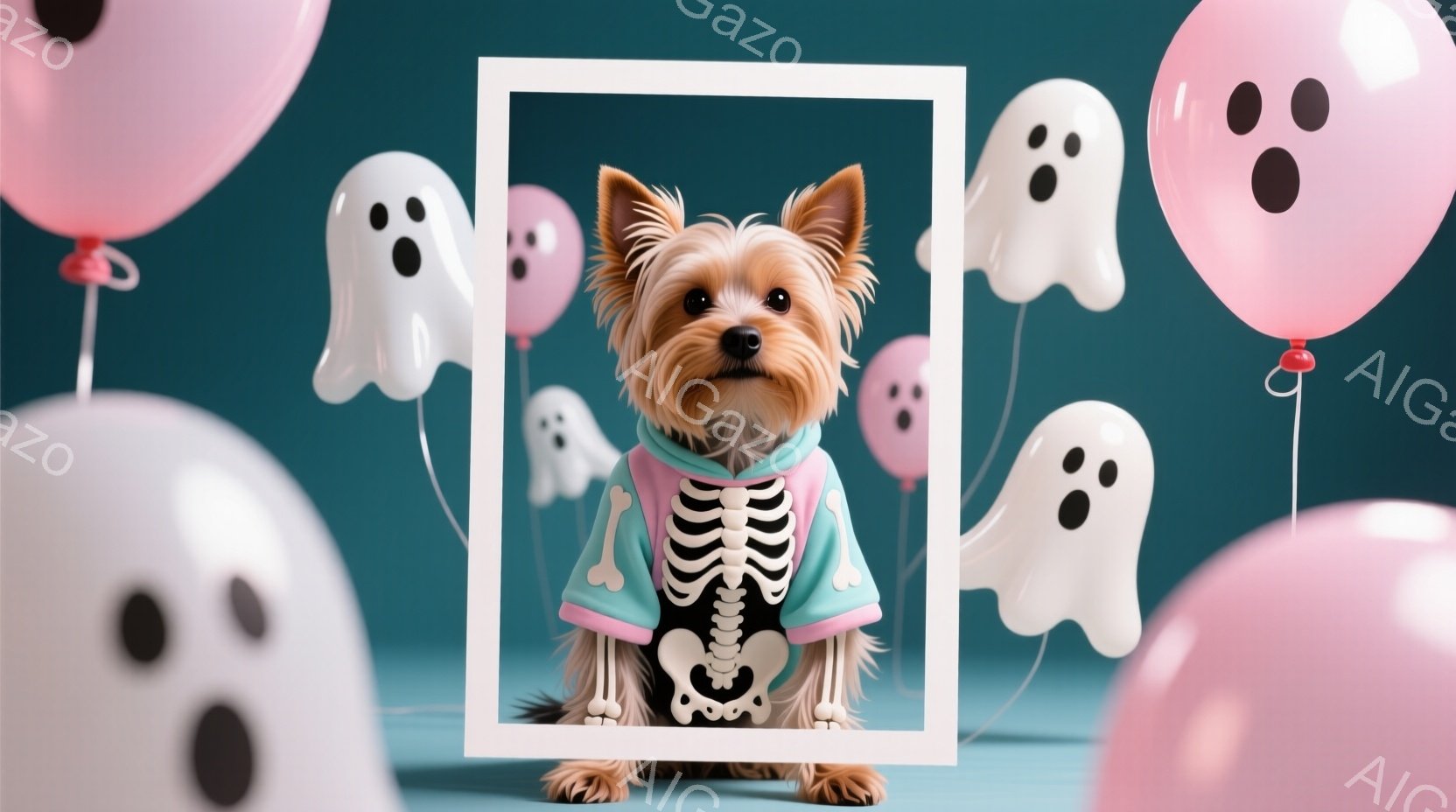 白い背景に、ヨークシャーテリアがハロウィーン風の衣装を着て立っています。スケルトン柄のセーターと水色のカーディガンを着ており、可愛らしい表情をしています。背景には、水色の糸で繋がれた白いお化けのバルー - AI生成フリー素材