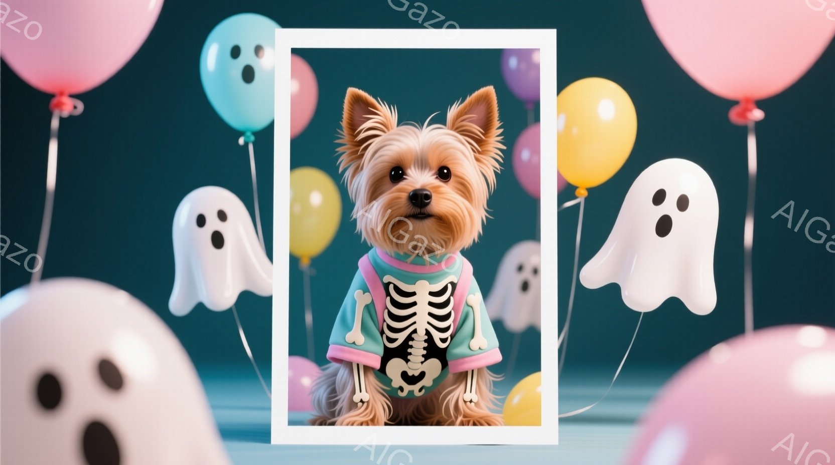 小さなヨークシャーテリアがハロウィーンのガイコツの衣装を着て座っています。その犬は真っ直ぐ前を見ており、表情は穏やかで、ふわふわの毛並みが特徴的です。背景には、ピンク、白、水色の幽霊の風船が浮かび、お - AI生成フリー素材